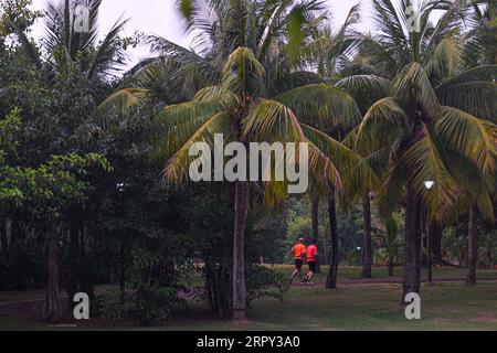 200612 -- HAIKOU, 12. Juni 2020 -- Bürger laufen nach Sonnenuntergang in Haikou, südchinesische Provinz Hainan, 28. Mai 2020. Nachtrollrennen ist zu einem beliebten Sport unter den Bürgern in Haikou geworden. SPCHINA-HAIKOU-LIFESTYLE-NIGHT RUN PuxXiaoxu PUBLICATIONxNOTxINxCHN Stockfoto