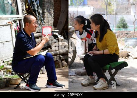 200621 -- TAIYUAN, 21. Juni 2020 Xinhua -- Kombo-Foto zeigt Liu Zhijun, den ersten Sekretär des Dorfes Jingyubao, der mit einem Haushalt spricht, der aus der Armut im Dorf Jingyubao des Landkreises Lanxian L ausgestiegen ist, aufgenommen am 10. Juni 2020 von Cao Yang und Li Cuiye, erste Sekretärin des Dorfes Nantong, die mit einem Haushalt sprach, der mit ihrer Tochter im Dorf Nantong im Xingxian County aus der Armut entlassen wurde und am 22. Mai 2020 von Liu Liangliang in der nordchinesischen Provinz Shanxi eingenommen wurde. Liu Zhijun und Li Cuiye sind ein Paar, das bei der Verwaltung von Landmaschinen und der Regierungsbehörde Cente arbeitet Stockfoto