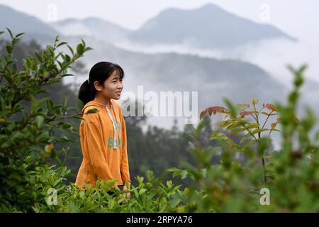 200622 -- HEFEI, 22. Juni 2020 -- Cai Qiyan verbringt ihre Freizeit auf einem Berg im Dorf Gaowan im Jinzhai County in der ostchinesischen Provinz Anhui, 20. Juni 2020. Cai Qiyan genießt den Blick auf fließende Wolken von einer der Teeplantagen auf den Berggipfeln. Aber der Spaß war auch ein Luxus für den 15-Jährigen, der mit angeborener Skoliose diagnostiziert wurde. Schon in jungen Jahren hatte Qiyan es sehr schwer, ihre Wirbelsäule aufrecht zu halten. In der Tiefe der Dabie-Berge musste Qiyan zwei Stunden auf dem Weg zur Schule und zurück nach Hause verbringen, da es viel länger dauerte, mit einem gebogenen bo zu laufen Stockfoto