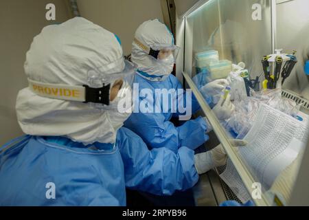 200623 -- PEKING, 23. Juni 2020 -- medizinische Arbeiter überprüfen Listen von Proben im Polymerase-Kettenreaktion PCR-Labor im Pekinger Puren Krankenhaus in Peking, Hauptstadt von China, 23. Juni 2020. Das PCR-Labor wurde am 15. Juni zur Durchführung von Nukleinsäuretests auf COVID-19 in Betrieb genommen. CHINA-BEIJING-COVID-19-PCR-LABOR CN ZHANGXYUWEI PUBLICATIONXNOTXINXCHN Stockfoto