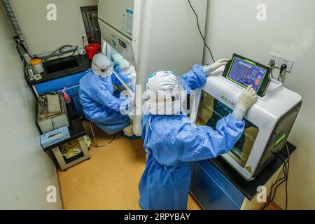 200623 -- PEKING, 23. Juni 2020 -- medizinische Mitarbeiter arbeiten im Polymerase-Kettenreaktion PCR-Labor im Pekinger Puren Krankenhaus in Peking, Hauptstadt von China, 23. Juni 2020. Das PCR-Labor wurde am 15. Juni zur Durchführung von Nukleinsäuretests auf COVID-19 in Betrieb genommen. CHINA-BEIJING-COVID-19-PCR-LABOR CN ZHANGXYUWEI PUBLICATIONXNOTXINXCHN Stockfoto