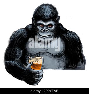 Schwarzer Gorilla trinkt einen Becher Bier. Handgezeichnete Tinte auf Papier und handkoloriert auf Tablet Stockfoto