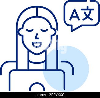 Mädchen, das am Laptop arbeitet, um Sprachen zu übersetzen, zu lernen oder Dolmetschdienste zu nutzen. Symbol „Pixel Perfect“ Stock Vektor