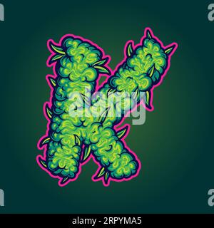Atemberaubender Monogramm-Buchstabe K mit Cannabis-Knospen-Motiv Vektorgrafiken für Ihr Firmenlogo, Merchandise-T-Shirt, Aufkleber und Etikettendesigns, Poster, g Stock Vektor