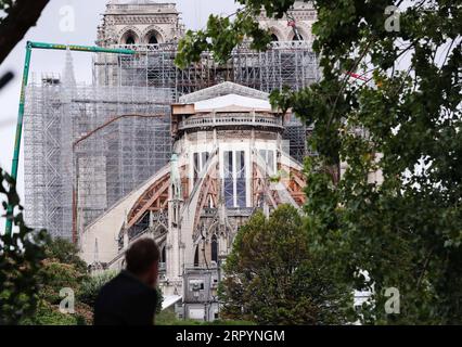News Bilder des Tages 200710 -- PARIS, 10. Juli 2020 -- Ein Mann schaut sich die Kathedrale Notre Dame de Paris an, die repariert wird, nachdem sie im April letzten Jahres in Paris, Frankreich, am 10. Juli 2020 durch einen Großbrand schwer beschädigt wurde. FRANCE-PARIS-NOTRE DAME DE PARIS CATHEDRAL-SPIRE-RESTAURATION GAOXJING PUBLICATIONXNOTXINXCHN Stockfoto