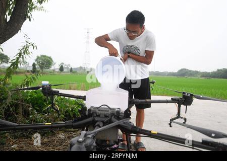 200710 -- HUZHOU, 10. Juli 2020 -- ein Mitarbeiter der landwirtschaftlichen Genossenschaft füllt ein unbemanntes Luftfahrzeug mit chemischem Dünger in der Stadt Balidian im Bezirk Wuxing der Stadt Huzhou, ostchinesische Provinz Zhejiang, 10. Juli 2020. Unbemannte Luftfahrzeuge werden in jüngster Zeit für Düngungsarbeiten über mehr als 3.300 mu 220 Hektar Reisfelder eingesetzt. CHINA-ZHEJIANG-HUZHOU-UAV-AGRICULTURE CN HUANGXZONGZHI PUBLICATIONXNOTXINXCHN Stockfoto