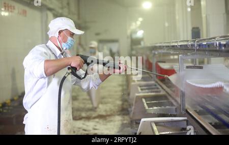 200715 -- PEKING, 15. Juli 2020 -- Ein Mitarbeiter desinfiziert die Fleischsegmentierungslinie der Beijing Ershang Meat Food Group Co., Ltd. In Peking, Hauptstadt von China, 14. Juli 2020. Beijing Ershang Meat Food Group Co., Ltd. Ist eines der führenden Unternehmen, das Fleisch für den Pekinger Markt liefert. Während der COVID-19-Pandemie hat das Unternehmen strenge COVID-19-Präventions- und -Kontrollmaßnahmen entlang der gesamten Lieferkette ergriffen, um die Sicherheit von Fleischerzeugnissen und den regelmäßigen Betrieb seiner Verarbeitungsbetriebe zu gewährleisten, um die Marktnachfrage zu decken. CHINA-PEKING-COVID-19-FLEISCH-LIEFERKETTENDESINFEKTION CN LIXXIN Stockfoto