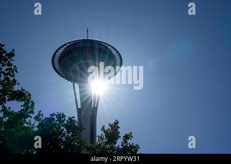 Seattle, WA, USA. September 2023. Luftaufnahme der Seattle Space Needle im Viertel Lower Queen Anne. (Bild: © Walter G Arce SR Grindstone Medi/ASP) NUR REDAKTIONELLE VERWENDUNG! Nicht für kommerzielle ZWECKE! Stockfoto