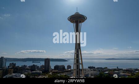Seattle, WA, USA. September 2023. Luftaufnahme der Seattle Space Needle im Viertel Lower Queen Anne. (Bild: © Walter G Arce SR Grindstone Medi/ASP) NUR REDAKTIONELLE VERWENDUNG! Nicht für kommerzielle ZWECKE! Stockfoto