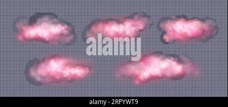 Realistische rosa Wolken isoliert auf transparentem Hintergrund. Vektor-Illustration von magischen Lichtrauch in Luft-, Sonnenuntergang- oder Sonnenaufgangshimmel-Designelementen, Stock Vektor