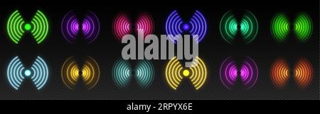 vektoreffekt der 3D-WLAN-Neonlicht-Technologie. Abstraktes Symbol für Funksignalglühen. Schallscan-Echoortungslinienkonzept. Futuristische radiale Mafia Stock Vektor