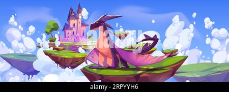 Fantasy-Burg und magischer Drache schweben auf Inseln im Himmel. Vektor-Karikaturillustration von fantastischem Reptilientierschutz-Traumland mit Märchen Stock Vektor