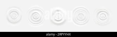 Kreisförmige Welligkeit auf weißer Flüssigkeitsoberfläche, Draufsicht auf runde konzentrische Wellen, die durch Tropfen auf Milch, Joghurt, Creme oder Kosmetik verursacht werden. Realistisches Rad Stock Vektor