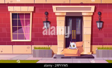 Bei sonnigem Wetter sitzt die obdachlose Katze in einem Karton auf der Veranda. Vektor-Karikaturillustration des süßen flauschigen weißen Kätzchens, das auf einen neuen Meister wartet Stock Vektor
