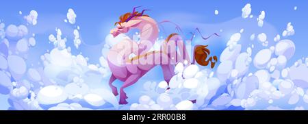 Fliegender Drache in der Himmelsluft-Szene mit Wolkenvektor-Zeichentrickhintergrund. Abstrakte weiße sonnige Illustration mit rosa süßen Märchen-Dinosaurier-Charakter an Stock Vektor