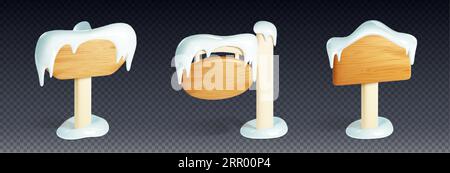 Holz-Sighnboard bedeckt mit Schnee und Icicle 3D-Zeichentrickvektor-Set. Realistische Darstellung verschiedener unbeschrifteter Schneebleche und Banner mit Holztext Stock Vektor