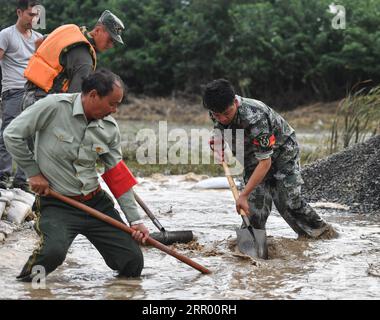 200721 -- JIUJIANG, 21. Juli 2020 -- Chen Shentao L und sein Sohn Chen Jian arbeiten zusammen in der Xin Bandenstadt der Stadt Jiujiang in der ostchinesischen Provinz Jiangxi, 18. Juli 2020. Ich werde den Damm nicht verlassen, bis die Überschwemmungen zurückgingen, versprach Chen Shentao, der kommunistische Parteichef des Jiangji-Dorfes in Xin Gang Town, als das Dorf 1998 von katastrophalen Überschwemmungen heimgesucht wurde. Chen war dann für mehr als drei Monate an vorderster Front im Kampf gegen die Überschwemmungen mit Dorfbewohnern. Seine herausragenden Beiträge zur Bekämpfung der Überschwemmungen von 1998 gewannen ihm mehrere Ehrungen im Jahr, als sein Sohn Chen Jian erst 14 Jahre alt war Stockfoto