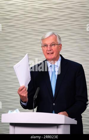 200724 -- LONDON, 24. Juli 2020 Xinhua -- Michel Barnier, der Chefunterhändler der Europäischen Union für die Beziehungen zum Vereinigten Königreich, hält eine Rede auf einer Pressekonferenz in London, Großbritannien, am 23. Juli 2020. Michel Barnier sagte am Donnerstag, dass der britische Ansatz ein Handelsabkommen nach dem Brexit unwahrscheinlich mache, da die sechste Runde der Gespräche mit wenig Fortschritt endete. Europäische Union/Handout über Xinhua GROSSBRITANNIEN-LONDON-EU-BREXIT-TRADE-DEAL PUBLICATIONxNOTxINxCHN Stockfoto