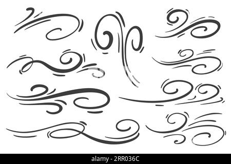 Wind- und Luftbewegungslinien. Handgezeichnete Zeichentrickskizze. Doodle wirbeln Rauchwellen. Spiralförmige Windströmung. Vektorgrafik Stock Vektor