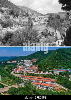 200727 -- TAIYUAN, 27. Juli 2020 -- Kombinationsfoto zeigt einen Blick auf das Dorf Xigou, Pingshun County, nordchinesische Provinz Shanxi in 1959 oben, Dateifoto und das gleiche Dorf am 29. Juni 2020 unten, Foto aufgenommen von . Xigou war ein armes Dorf, das tief in den Taihang-Bergen lag. In den letzten Jahren hat sich die Wirtschaft des Dorfes nach der Einführung fortschrittlicher Landwirtschaftstechnologien und der Tourismusbranche stark verbessert. Die jüngsten Bemühungen der Provinz Shanxi zur Armutsbekämpfung umfassen: Den Zugang zu ländlichen Dörfern über Straßennetze, die Verlegung von Landbewohnern in bessere Wohnungen, unfruchtbares Land Stockfoto