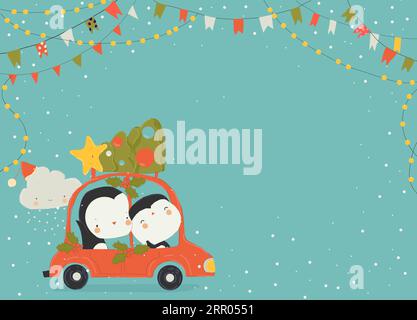 Comic lustige Pinguine fahren ein rotes Auto mit Weihnachtsbaum Stock Vektor