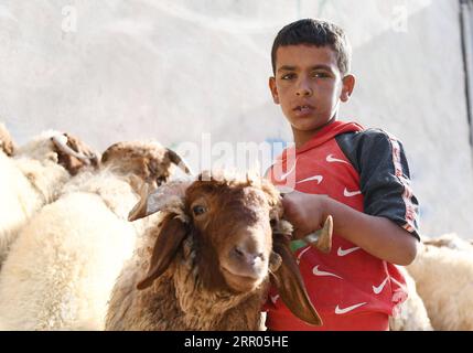 200729 -- SYRIEN, 29. Juli 2020 -- Ein syrischer Junge hält am 29. Juli 2020 auf einem Viehmarkt in Damaskus, der Hauptstadt Syriens, Ein Schaf. Das syrische Volk ist damit beschäftigt, Vorbereitungen für das bevorstehende Eid al-Adha oder das Opferfest zu treffen. Foto von /Xinhua SYRIA-DAMASCUS-LIVESTOCK-EID AL ADHA AmmarxSafarjalani PUBLICATIONxNOTxINxCHN Stockfoto