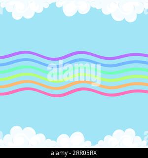 Hintergrund Cartoon Regenbogen zwischen den Wolken. Der blaue Himmel wird von weißen Wolken umrahmt. Vektor-Kindermuster Stock Vektor