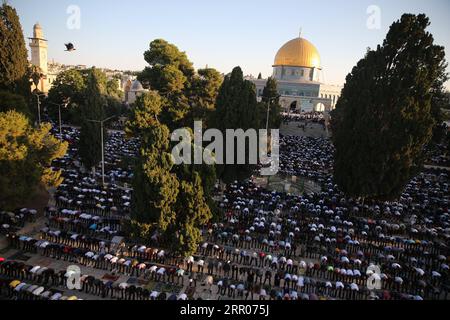 200731 -- JERUSALEM, 31. Juli 2020 Xinhua -- muslimische Gläubige beten, während sie Eid al-Adha auf dem Gelände markieren, das Muslimen als Nobles Heiligtum und Juden als Tempelberg in der Altstadt von Jerusalem bekannt ist, am 31. Juli 2020. Foto: Muammar Awad/Xinhua MIDEAST-JERUSALEM-EID AL-ADHA PUBLICATIONxNOTxINxCHN Stockfoto