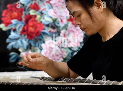 200804 -- ZHENGZHOU, 4. August 2020 -- Liu Donghong, ein Auszubildender von Wang Suhua, stickt in Wangs Firma in der Stadt Kaifeng, zentralchinesische Provinz Henan, 30. Juli 2020. Wang Suhua, 85, ein immaterieller Erbe der Bienenstickerei auf nationaler Ebene, arbeitet seit 1957 an der Arbeit. Durch das Sammeln von antiken Bienstickereien und das Sortieren traditioneller Stickfähigkeiten in der Song-Dynastie schufen Wang und ihre Arbeitskollegen mehr als zehn neue Arten von Stichen und machten erfolgreich ein Meisterwerk der Bienstickerei des berühmten antiken Gemäldes entlang des Flusses während der Qingming Stockfoto