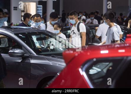 200813 -- WUHAN, 13. August 2020 -- Menschen besuchen eine Autoshow in Wuhan, Hauptstadt der zentralchinesischen Provinz Hubei, 13. August 2020. Mehr als 60 Marken nahmen an der 18. Central China International Auto Show Teil, die am Donnerstag begann. CHINA-HUBEI-WUHAN-AUTO SHOW CN XIAOXYIJIU PUBLICATIONXNOTXINXCHN Stockfoto