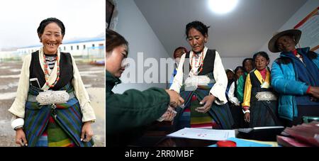 200820 -- LHASA, 20. August 2020 -- in diesem Kombinationsfoto, das am 31. Juli 2020 aufgenommen wurde, ist der linke Teil ein Porträt des Dorfbewohners Badain Como im Dorf Bangbug im Tingri County, Xigaze, Südwestchinas Autonome Region Tibet und der rechte Teil zeigt Badain Como, wie sie ihren Mann Wangdi bei der Tierhaltungskollektion von Bangbug Village einsammelt. Wangdi verdient 3.000 Yuan 433 US-Dollar pro Monat und verschafft dem Kollektiv Dividenden am Ende des Jahres. In den letzten Jahren hat die Autonome Region Tibet der Armutsbekämpfung hohe Priorität eingeräumt und ergreift wirksame Maßnahmen Stockfoto