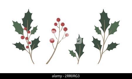 Weihnachtsset aus Ilex-Zweigen mit roten Beeren. Holly geht. Botanische Winterbeere. Handbemalte digitale Illustration für Hochzeitseinladung, Pack Stockfoto