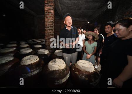 200825 -- FUZHOU, 25. August 2020 -- Touristen besuchen einen Weinkeller in Chenqiao Village, Zhouning County, südöstliche Provinz Fujian, 3. August 2020. Chenqiao ist ein tausendjähriges Dorf in der Provinz Fujian, das für seine Täler, Wasserfälle und das Wolkenmeer berühmt ist und von hohen Bergen umgeben ist. Mit einer Höhe von 936 Metern und einer durchschnittlichen Temperatur von 24 Grad Celsius im Sommer ist es auch ein beliebtes Sommerresort für Touristen. Seit Beginn des Sommers zieht es immer mehr Besucher zum Wandern, Campen und Sightseeing an. IT i Stockfoto