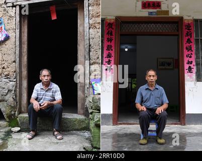 200827 -- DU AN, 27. August 2020 -- auf diesem Kombi-Foto zeigt die Linke am 11. Oktober 2017 Yu Wanhe, der vor der Tür seines ehemaligen Wohnhauses im Dorf Jianliang sitzt, und rechts am 19. August 2020 zeigt Yu, wie er vor der Haustür seines neuen Hauses in einem Ort der Armutsbekämpfung sitzt, in der Stadt Sanzhiyang in du an Yao in der südchinesischen autonomen Region Guangxi Zhuang. Du an Yao Autonomous County ist bekannt als das felsige Königreich, da 89 Prozent seines Landes von Karstbergen bedeckt sind. Du an leidet unter felsiger Wüstenbildung und weist niedrige landwirtschaftliche Erträge auf. Dies, Stockfoto
