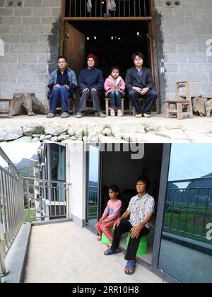 200827 -- DU AN, 27. Aug. 2020 -- auf diesem Kombi-Foto zeigt das Obermaterial, das am 10. Februar 2017 aufgenommen wurde, Wei Aiwen 2. L und ihre Familie, die vor der Tür ihres ehemaligen Wohnsitzes im Dorf Santuan sitzen. am 18. August 2020 sieht man Wei und ihre Enkelin Meng Huan in ihrem neuen Haus in einem Ort der Armutsbekämpfung in Dongmiao, Stadt du an Yao, in der südchinesischen autonomen Region Guangxi Zhuang. Du an Yao Autonomous County ist bekannt als das felsige Königreich, da 89 Prozent seines Landes von Karstbergen bedeckt sind. Unter felsiger Wüstenbildung leiden, D Stockfoto
