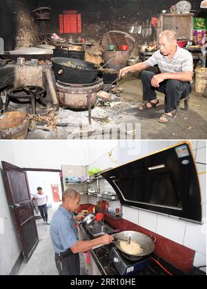 200827 -- DU AN, 27. Aug. 2020 -- auf diesem Kombi-Foto zeigt der obere am 11. Oktober 2017, wie Yu Wanhe in seiner ehemaligen Residenz im Dorf Jianliang ein Feuer macht, am 19. August 2020 wird Yu in der Küche seines neuen Hauses in einem Ort der Armutsbekämpfung in Sanzhiyang, Stadt du an Yao, in der südchinesischen autonomen Region Guangxi Zhuang, ein Gericht kochen. Du an Yao Autonomous County ist bekannt als das felsige Königreich, da 89 Prozent seines Landes von Karstbergen bedeckt sind. Du an leidet unter felsiger Wüstenbildung und weist niedrige landwirtschaftliche Erträge auf. Das hier, Coupl Stockfoto