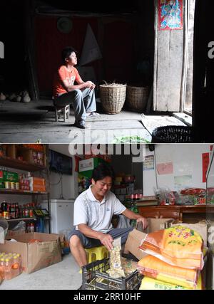 200827 -- DU AN, 27. Aug. 2020 -- auf diesem Kombi-Foto zeigt das Obermaterial, das am 11. Oktober 2017 aufgenommen wurde, Liao Zhenyi, der in seiner ehemaligen Residenz im Dorf Jianliang sitzt, am 19. August 2020 zeigt Liao, wie er Waren in seinem Lebensmittelgeschäft in einem Ort zur Armutsbekämpfung sortiert, in der Stadt Sanzhiyang in du an Yao, in der südchinesischen autonomen Region Guangxi Zhuang. Du an Yao Autonomous County ist bekannt als das felsige Königreich, da 89 Prozent seines Landes von Karstbergen bedeckt sind. Du an leidet unter felsiger Wüstenbildung und weist niedrige landwirtschaftliche Erträge auf. Das, gepaart mit Arm Stockfoto