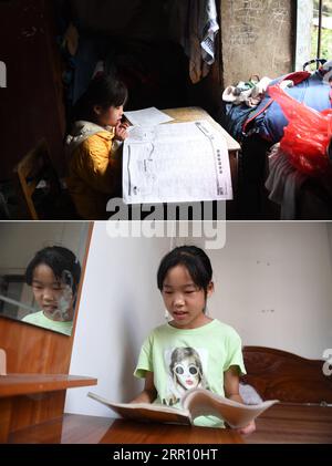 200827 -- DU AN, 27. Aug. 2020 -- auf diesem Kombi-Foto zeigt das Obermaterial, das am 9. Februar 2017 aufgenommen wurde, Bai Yulu, Tochter von Zhang Meixiang, die Hausaufgaben in ihrer ehemaligen Residenz im Dorf Jiaba macht, und die Lower am 18. August 2020 zeigt Bai, wie sie ein Buch in ihrem neuen Haus in einem Ort der Armutsbekämpfung in der Stadt Xia ao im Autonomen Kreis du an Yao in der südchinesischen autonomen Region Guangxi Zhuang liest. Du an Yao Autonomous County ist bekannt als das felsige Königreich, da 89 Prozent seines Landes von Karstbergen bedeckt sind. Du an leidet unter felsiger Wüstenbildung und weist niedrige landwirtschaftliche Erträge auf. Das Hier Stockfoto
