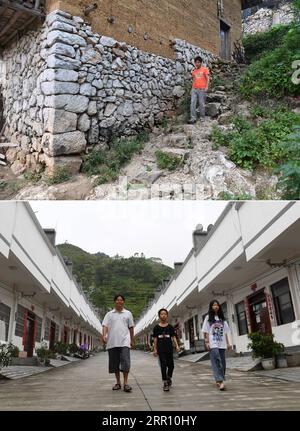 200827 -- DU AN, 27. Aug. 2020 -- auf diesem Kombi-Foto zeigt das Obermaterial, das am 11. Oktober 2017 aufgenommen wurde, Liao Zhenyi, der vor seiner ehemaligen Residenz im Dorf Jianliang die Treppe runtergeht. und der Lower von Cao Yiming am 19. August 2020 zeigt Liao und seine Kinder, die in einem Ort der Armutsbekämpfung in der Stadt Sanzhiyang in du an Yao in der südchinesischen autonomen Region Guangxi Zhuang schlendern. Du an Yao Autonomous County ist bekannt als das felsige Königreich, da 89 Prozent seines Landes von Karstbergen bedeckt sind. Du an leidet unter felsiger Wüstenbildung und weist niedrige landwirtschaftliche Erträge auf. - Ja, Danke Stockfoto