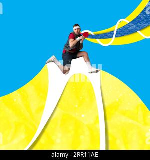 Collage zeitgenössischer Kunst. Junger männlicher Tischtennisspieler in Aktion, Bewegung über lebhaftem Hintergrund mit bunten abstrakten Zeichnungen. Stockfoto