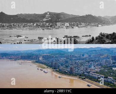 200901 -- CHONGQING, 1. Sept. 2020 -- Kombinationsfoto zeigt Fengdu County, südwestchinesische Gemeinde Chongqing in 2003 oben, Dateifoto bereitgestellt von Chongqing Three Gorges Migrants Memorial und am 5. August 2020 unten, Foto aufgenommen von , beziehungsweise. In diesem Jahr wurden Menschen, die in Regionen des Three Gorges Project, dem größten Wasserkraftprojekt der Welt, lebten, Zeuge einer historischen Errungenschaft, die Armut zu verabschieden. Die an dem Projekt beteiligten Regionen mit einer Fläche von etwa 10.000 km² befinden sich im Oberlauf des Yangtze, Chinas längster Wasserstraße. Mit einer Bevölkerung von etwa Stockfoto