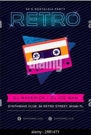Retro-Flyer aus den 90er Jahren Vintage-Vektor-Grafikvorlage. Poster im Stil der 80er Jahre für Clubveranstaltungen, Musikveranstaltungen und DJ-Konzerte. Partyfest Stock Vektor