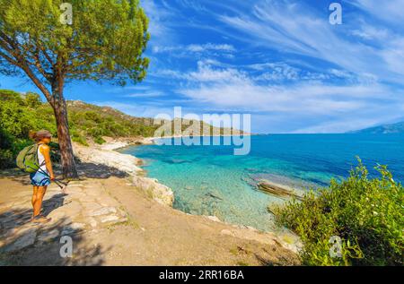 Korse (Frankreich) - Korsika ist eine touristische französische Insel im Mittelmeer, mit wunderschönen Stränden. Hier Sentier du littoral Saint-Florent, Plage de Lotu Stockfoto