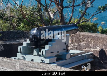 George's Head Lookout militärische Kanone, die auf die Sydney Heads zeigt, Headland Park, Mosman, Sydney, NSW, Australien. Stockfoto