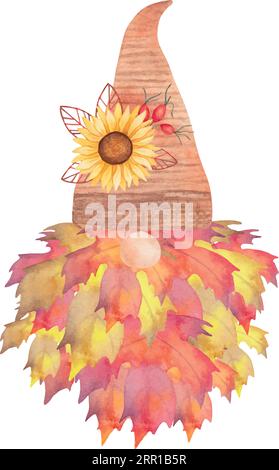 Herbstgnome. Bär aus Ahornblättern. Eine Komposition einer Sonnenblume mit Blütenblättern auf dem Hut. Aquarellillustration. Isolierte handgezeichnete Kunst Stock Vektor