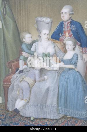 Familienporträt von Statthalter Willem V. (1748-1806), Wilhelmina van Pruisen (1751-1820) und ihren drei Kindern 1779 von Pieter le sage Stockfoto