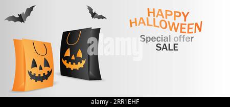 Horizontales breites Banner, Modell, Vorlage für Halloween-Verkauf und Werbung mit Platz für Text, Kopierbereich. Mit Geschenktasche und Fledermäusen Stock Vektor
