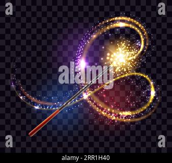 Zauberstab mit goldenem Glitzerpfad, glänzendem Sternenstaub und isoliertem Objekt mit Lichteffekt auf dunklem, transparentem Hintergrund. Vektorillustration Stock Vektor
