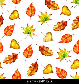 Nahtloses Muster im Herbst, künstlerischer Malhintergrund mit gelben Blättern Stockfoto