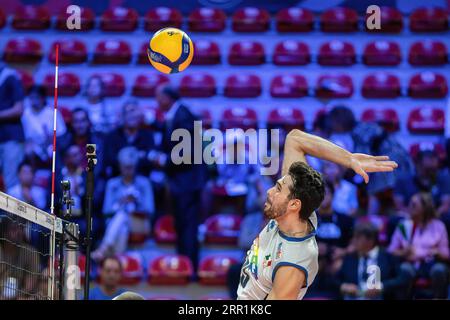 Ancona, Italien. September 2023. Daniele Lavia (ITA) in Aktion während 2023 CEV EuroVolley Men Group Ein Spiel zwischen Italien und der Schweiz in Pala Rossini. Die italienische Nationalmannschaft gewinnt gegen die Schweiz mit einem 3:0-Ergebnis. Quelle: SOPA Images Limited/Alamy Live News Stockfoto